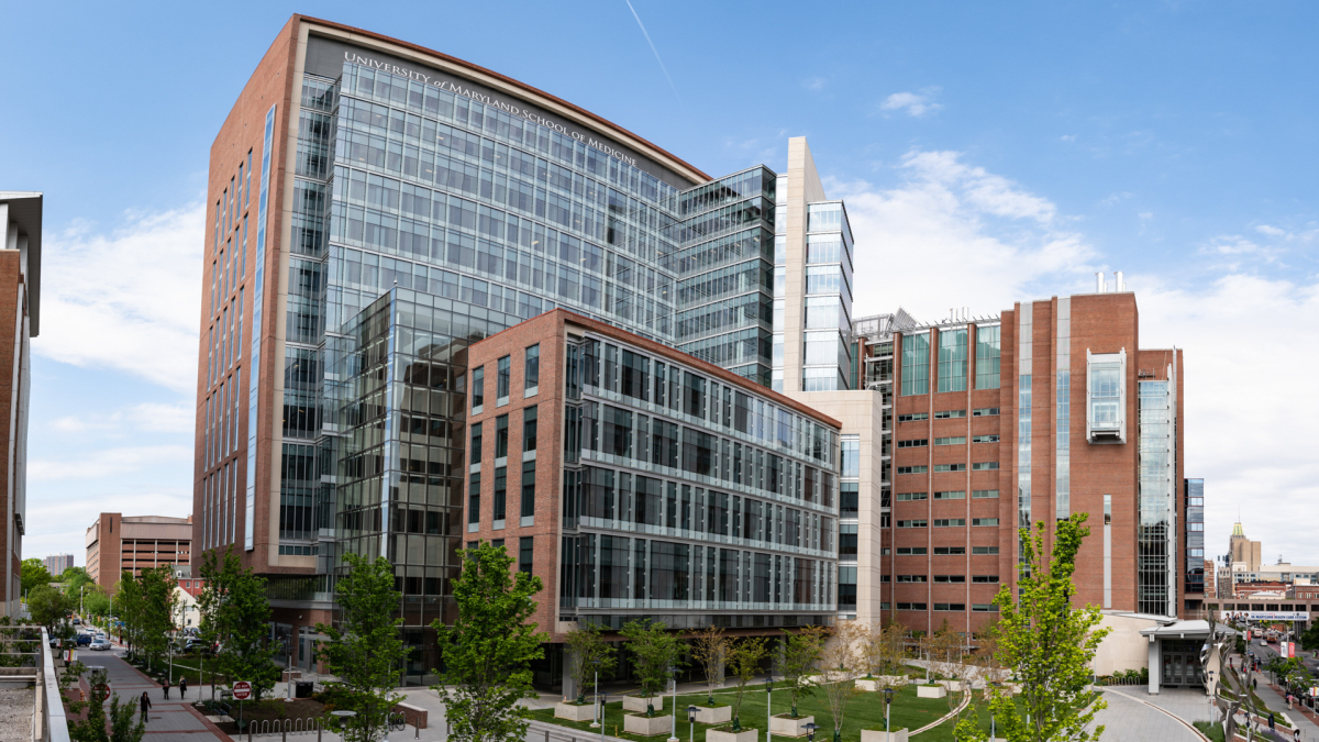 UMB's HSF III building on the left and the University of Maryland School of Dentistry on the right 
