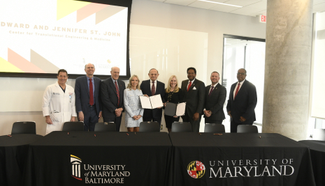 Edward and Jennifer St. John along with University of Maryland, Baltimore and University of Maryland, College Park leadership at the CTEM gift signing