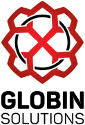Logo wtih a black circle inside of a red interlocking octogon and the words Globin Solutions