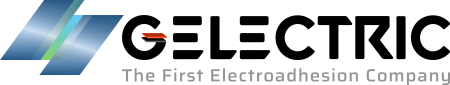 Logo with two blue bars and the words Geletric The First Electroadhesion Company